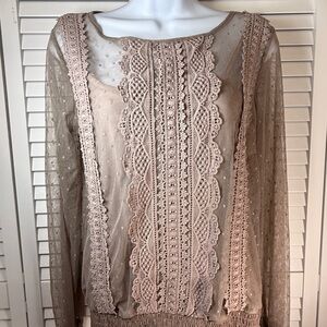 Maurices sheer lace blouse in a taupe or dusty pink color Long Sleeve With Dots